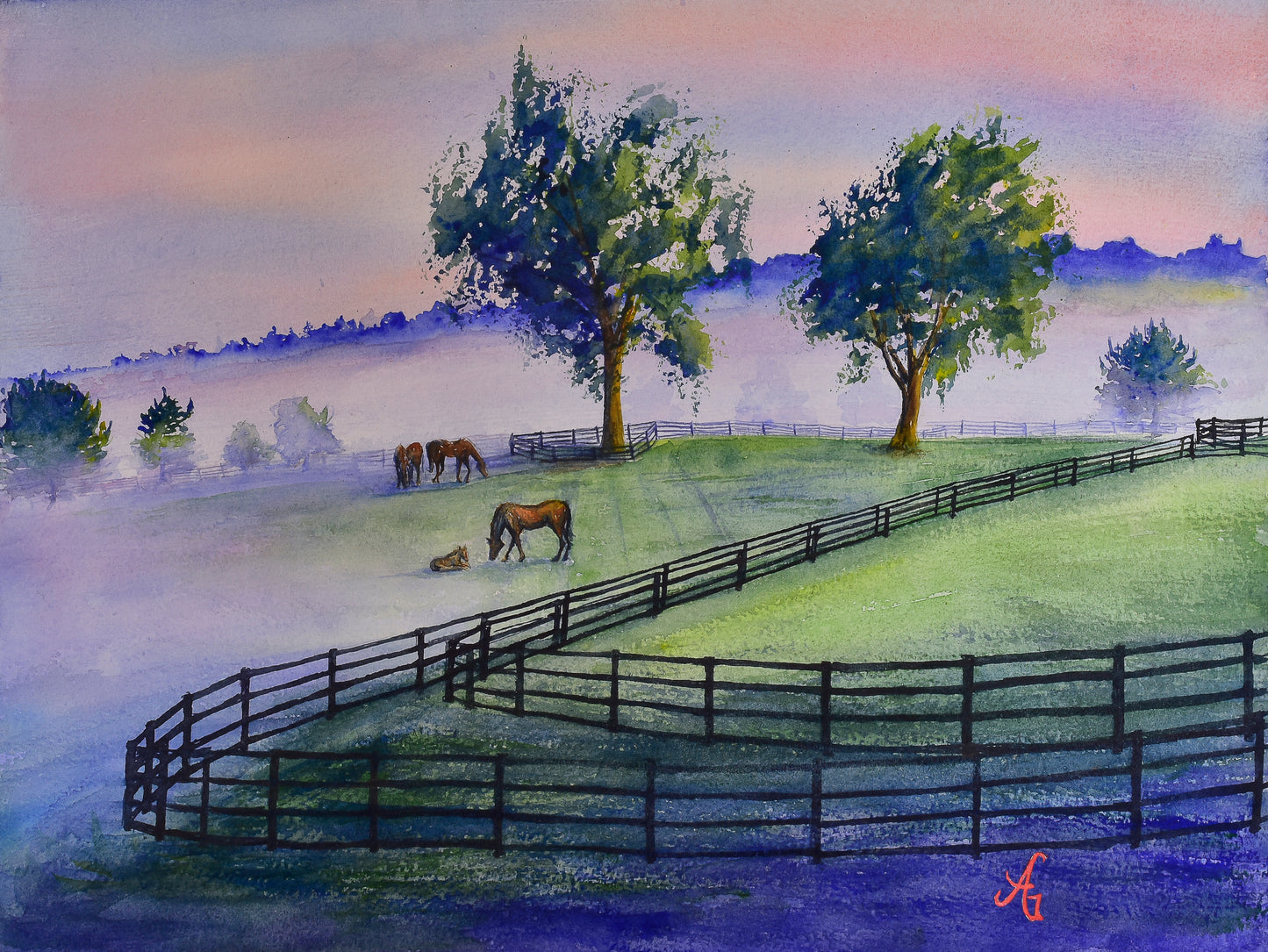 Misty Morning : A Serene Watercolor Horse Farm Print