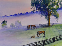 Misty Morning : A Serene Watercolor Horse Farm Print