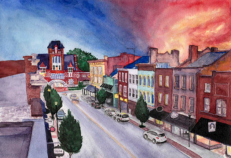 Bourbon Capital Charm: Watercolor Sunset of downtown Bardstown, KY