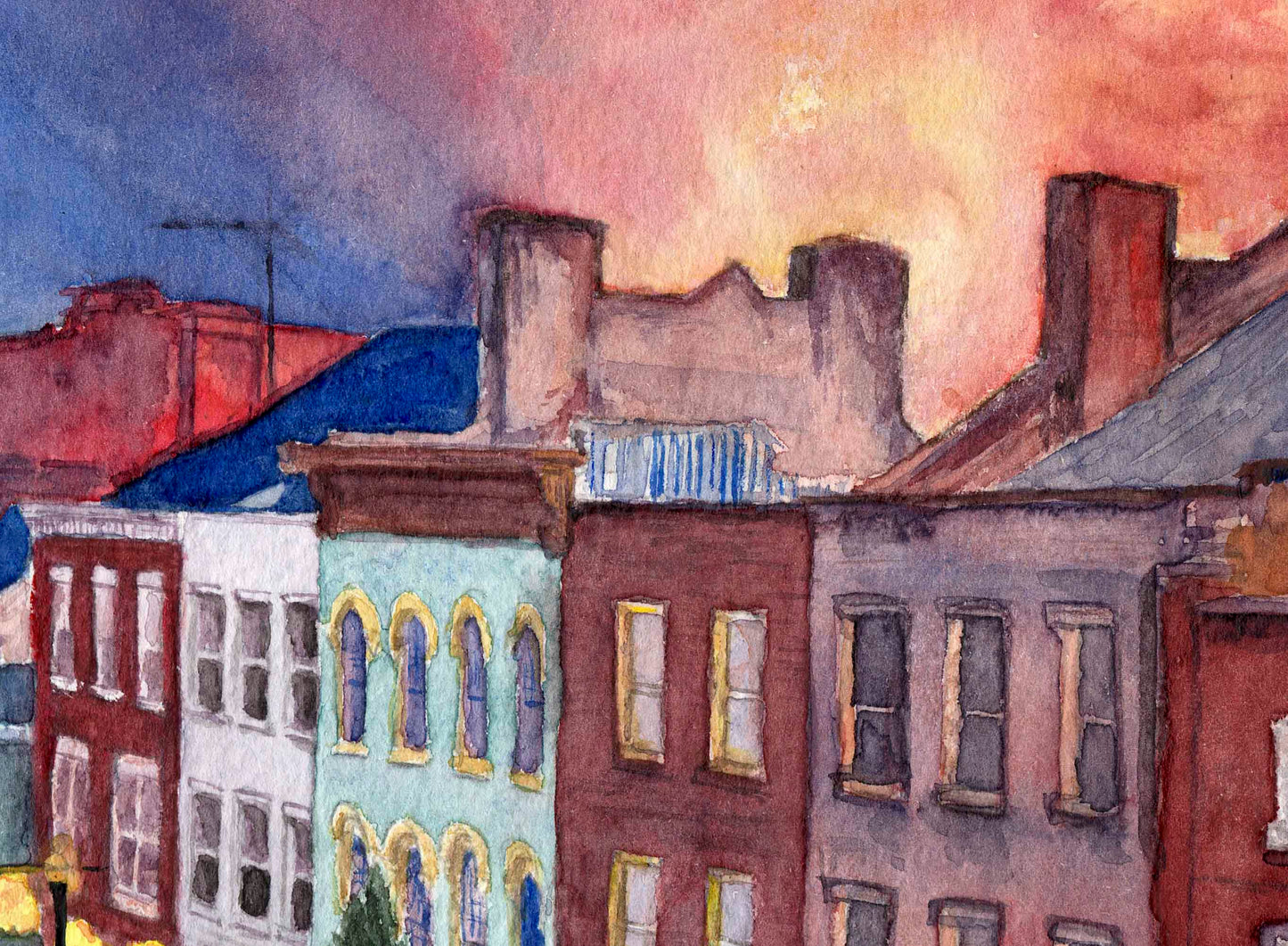 Bourbon Capital Charm: Watercolor Sunset of downtown Bardstown, KY